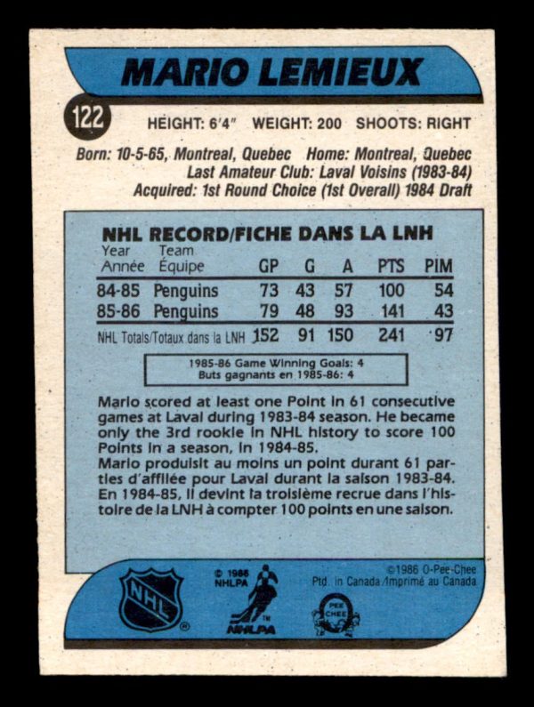 Mario Lemieux Penguins OPC 1986-87 Card#122