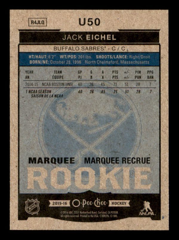 Jack Eichel Sabres OPC 2015-16 Marquee Rookie Card#U50