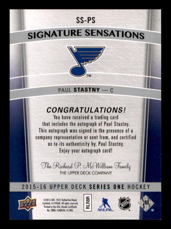 Paul Stastny Blues UD 2015-16 Signature Sensations Autographed Card#SS-PS