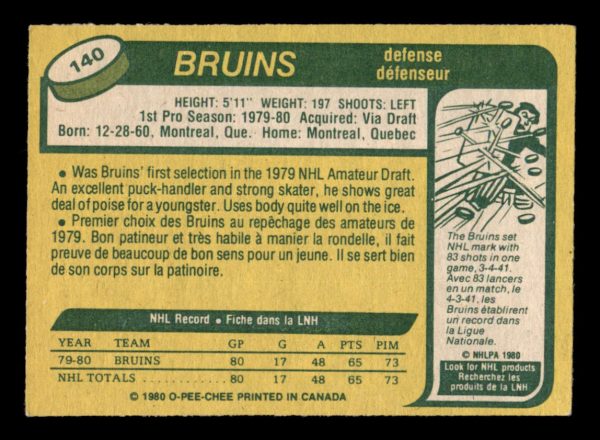 Ray Bourque Bruins OPC 1979-80 Rookie Card#140