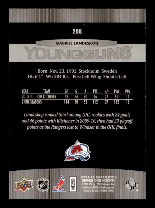 Gabriel Landeskog Avalanche UD 2011-12 Young Guns Rookie Card#208