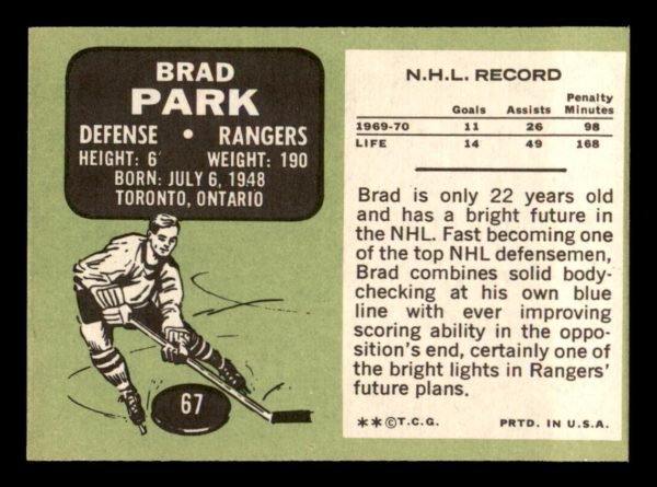 Brad Park Rangers Topps 1969-70 Card #67