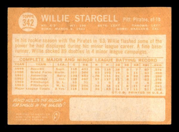 Willie Stargell Pirates Topps Card #342