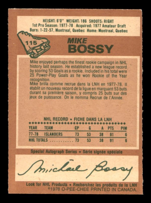 Mike Bossy Islanders OPC 1977-78 Autograph Series Card #115