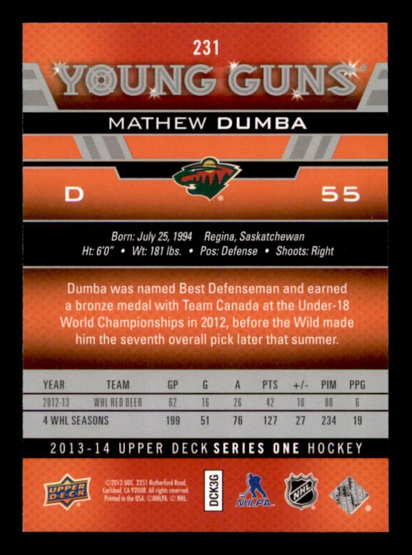Mathew Dumba Predators UD 2013-14 Young Guns Rookie Card#231