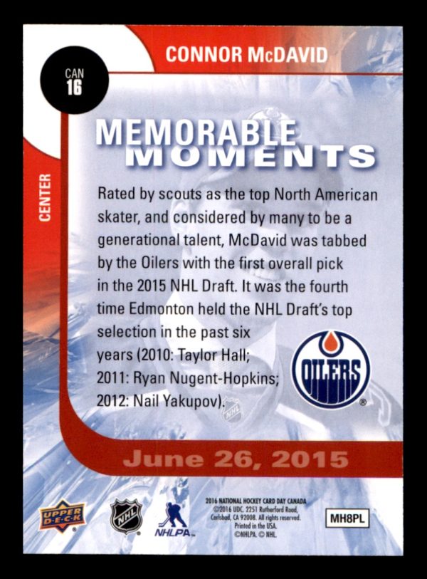 Connor McDavid Oilers Upper Deck 2016-17 Memorable Moments #CAN16