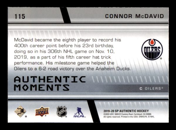 Connor McDavid Oilers UD 2019-20 SP Authentic Moments Card#115