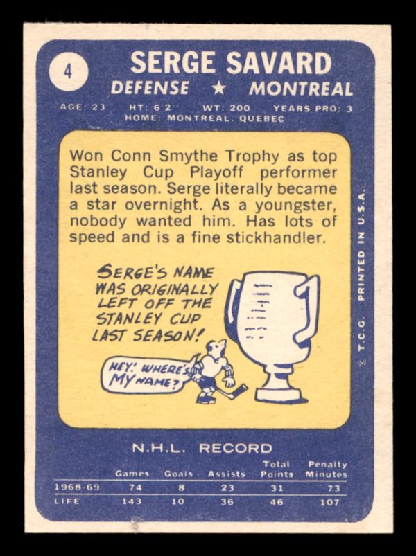 Serge Savard Canadiens Topps 1969-70 Rookie Card #4