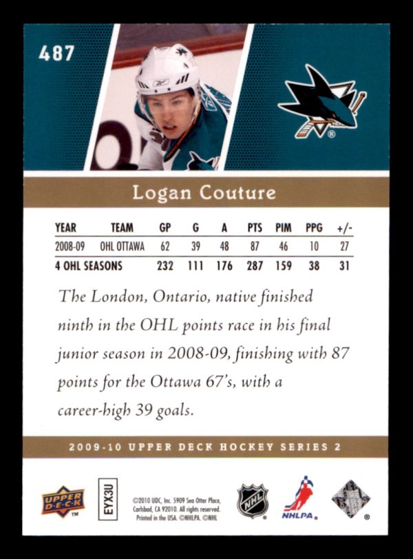 Logan Couture Sharks UD 2009-10 Rookie Card #487 63/100