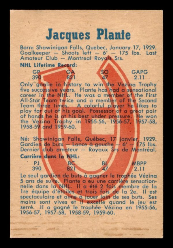 Jacques Plante Canadiens Parkhurst 1955-60 Vintage Card#53
