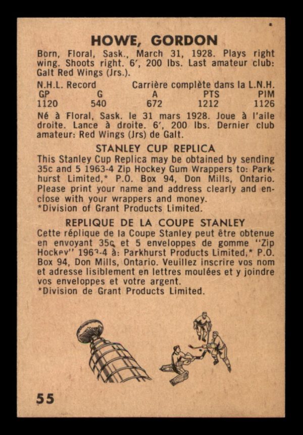 Gordon Howe Red Wings Parkhurst 1963-64 Vintage Stanley Cup Replica Hockey Gum Wrappers Card#55
