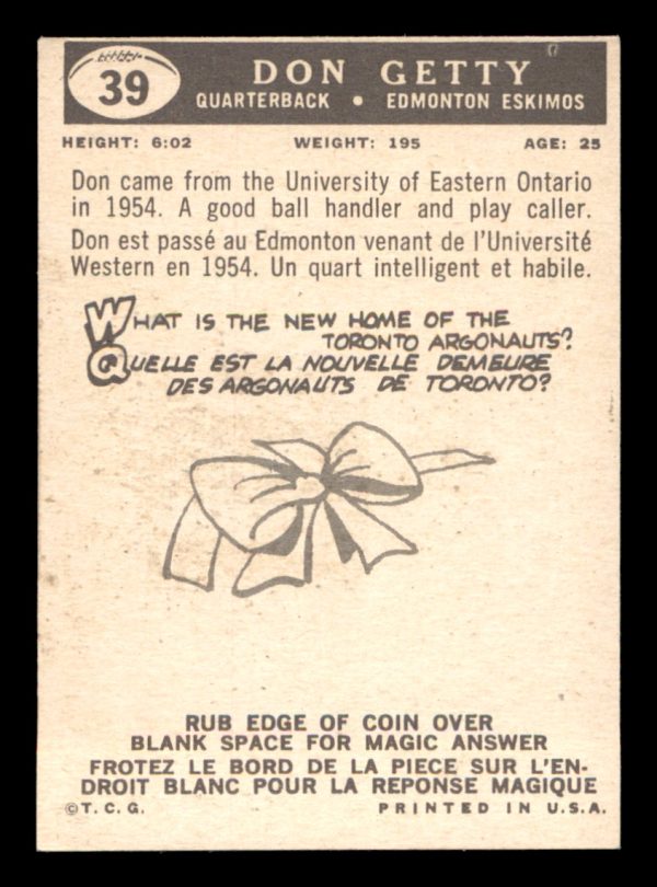 Don Getty Eskimos Topps 1954-55 Vintage Card#39