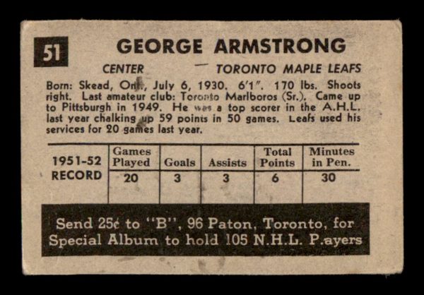 George Armstrong Maple Leafs Parkhurst 1951-52 Vintage Rookie Card#51
