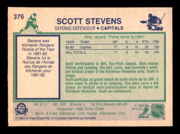 Scott Stevens Capitals OPC 1983-84 Rookie Card#376