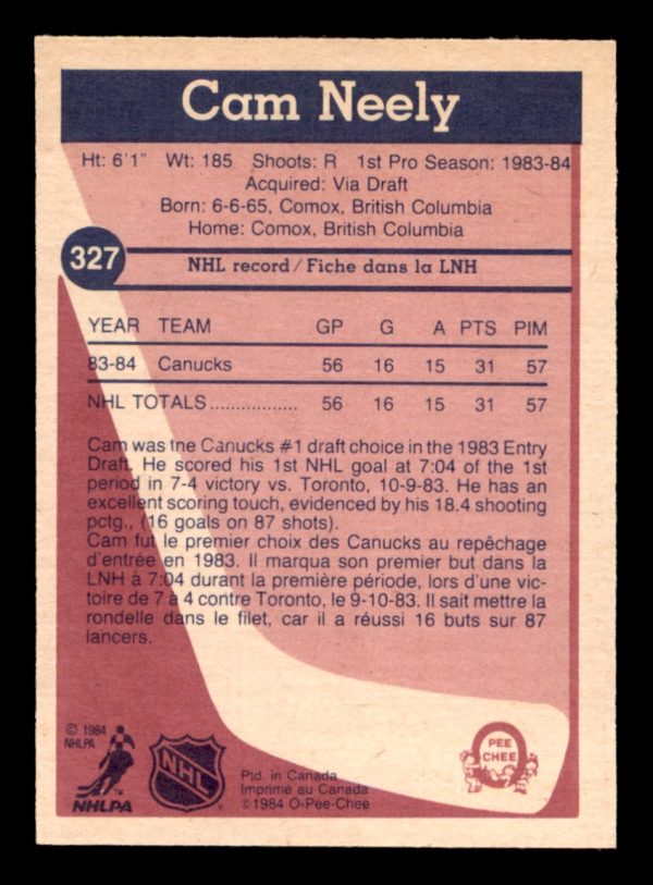 Cam Neely Canucks OPC 1984-85 Rookie Card#327
