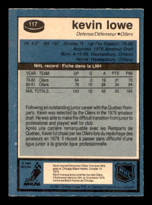 Kevin Lowe Oilers OPC 1981-82 Vintage Card#117
