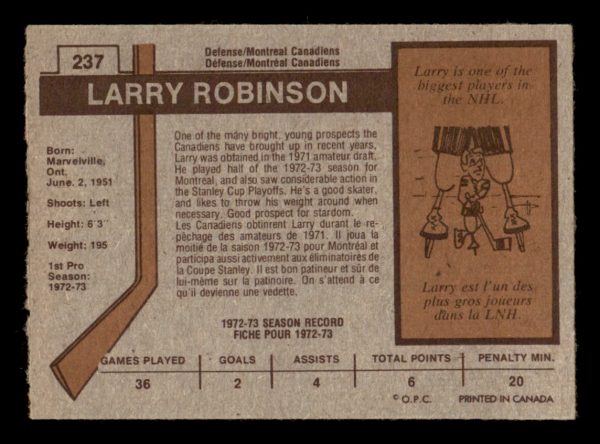 Larry Robinson Canadiens OPC 1972-73 Card#237
