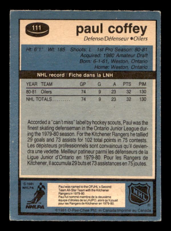Paul Coffey Oilers OPC 1981-82 Card#111