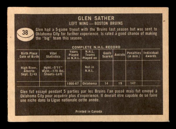 Glen Sather Bruins OPC 1966-67 Rookie Card#38