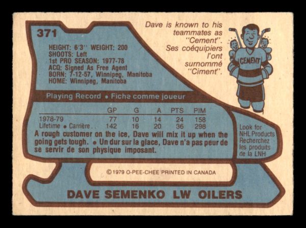 Dave Semenko Oilers OPC 1979-80 Rookie Card#371