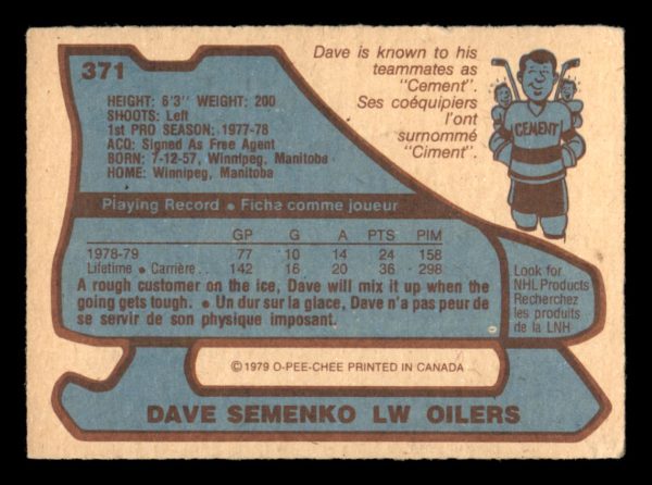 Dave Semenko Oilers OPC 1979-80 Rookie Card#371