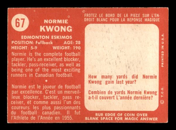 Normie Kwong Eskimos Topps 1955 Vintage Rookie Card#67