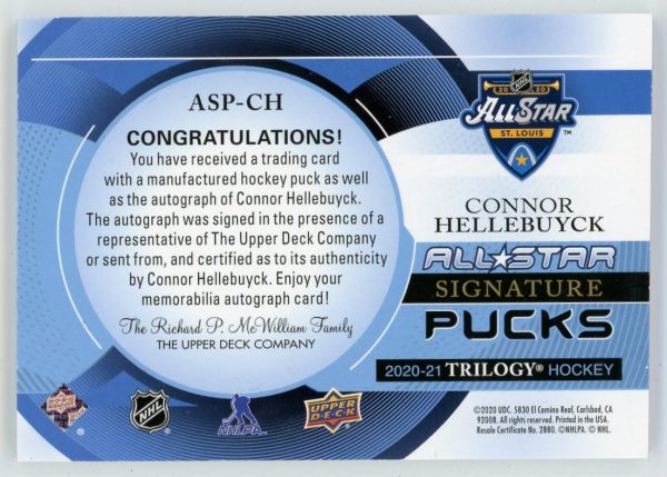 Connor Hellebuyck 2020-21 UD Trilogy All-Star Signature Pucks 5/8 #ASP-CH
