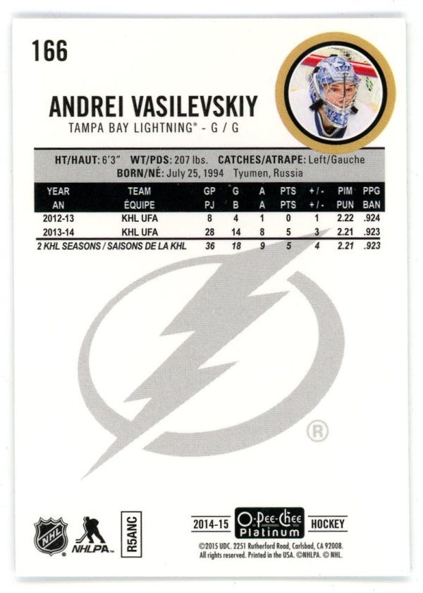 Andrei Vasilevskiy 2014-15 O-Pee-Chee Platinum Rookie Card #166
