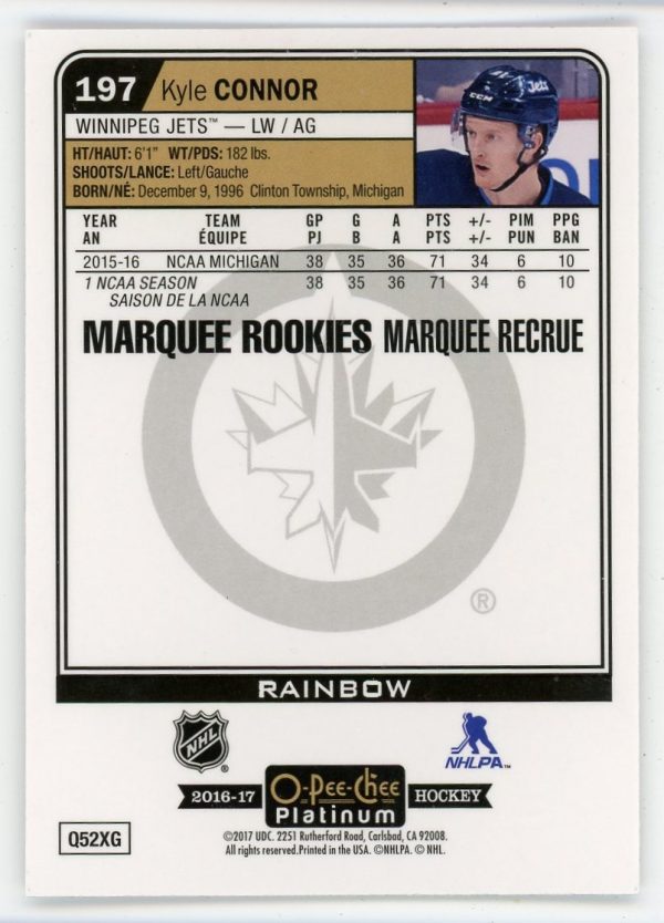 Kyle Connor 2016-17 OPC Platinum Marquee Rookies Rainbow RC #197