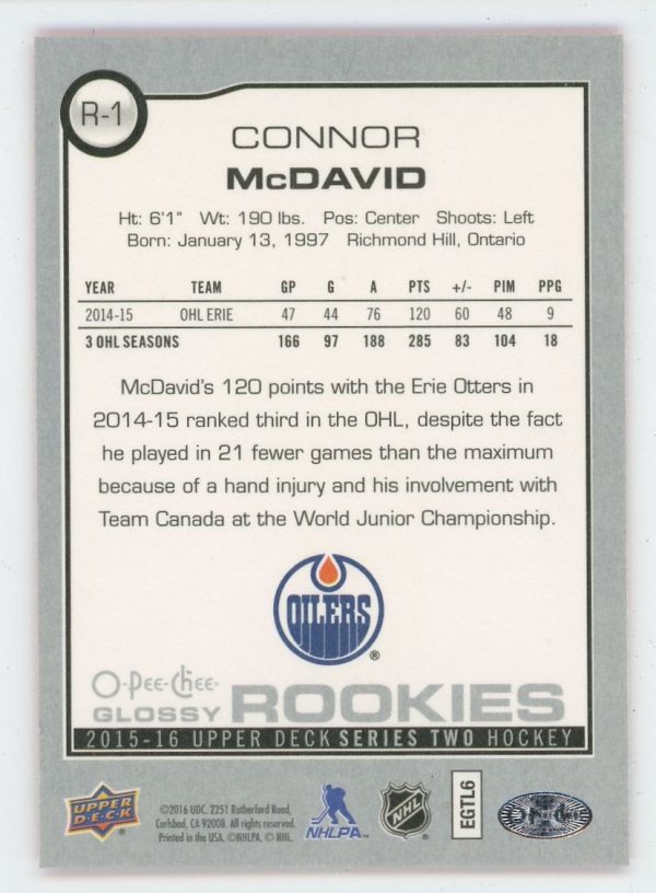 Connor McDavid 2015-16 Upper Deck OPC Glossy Rookies Red RC #R-1
