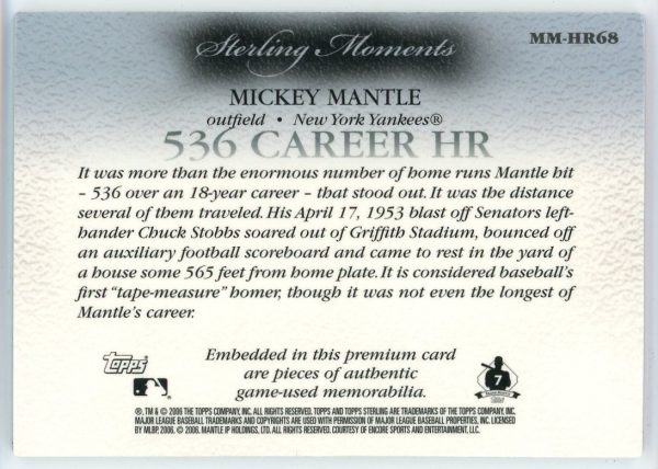 Mickey Mantle 2006 Topps Sterling Career HR 68 Relic /10 #MM-HR68