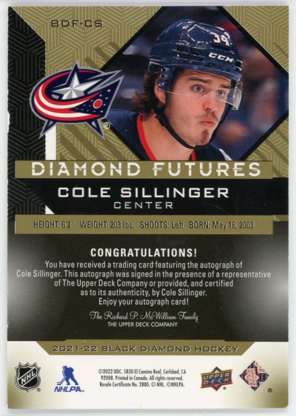 Cole Sillinger 2021-22 UD Black Diamond Diamond Futures Auto 28/99 RC #BDF-CS