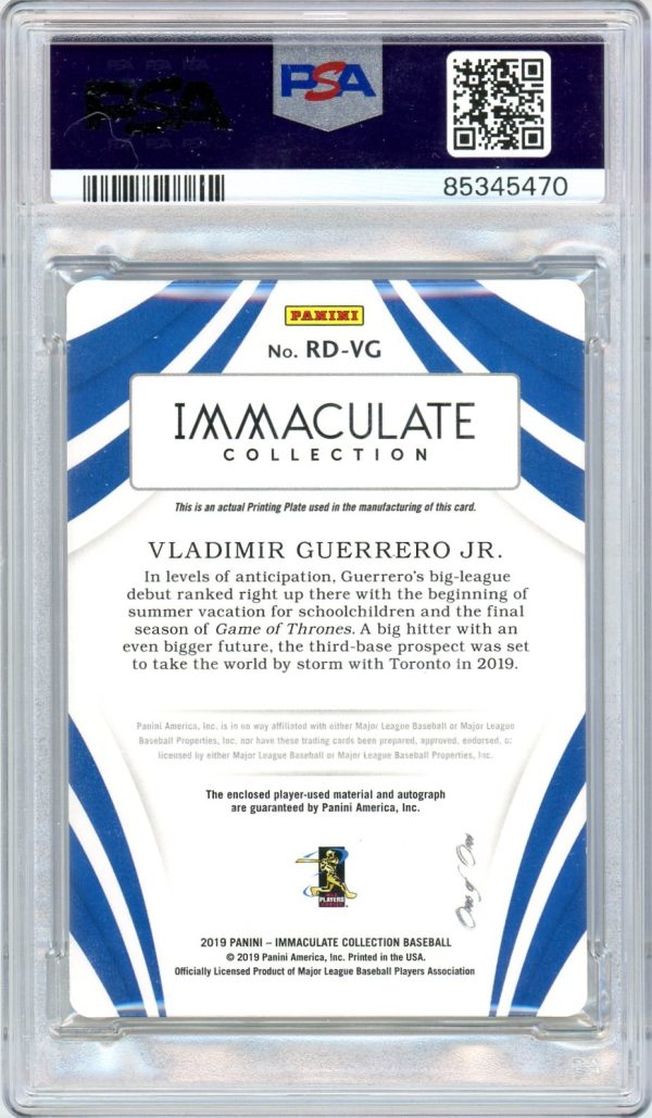 Vladimir Guerrero Jr. 2019 Panini Immaculate Rookie Debut Auto Relic Black Printing Plate 1/1 #RD-VG PSA 7