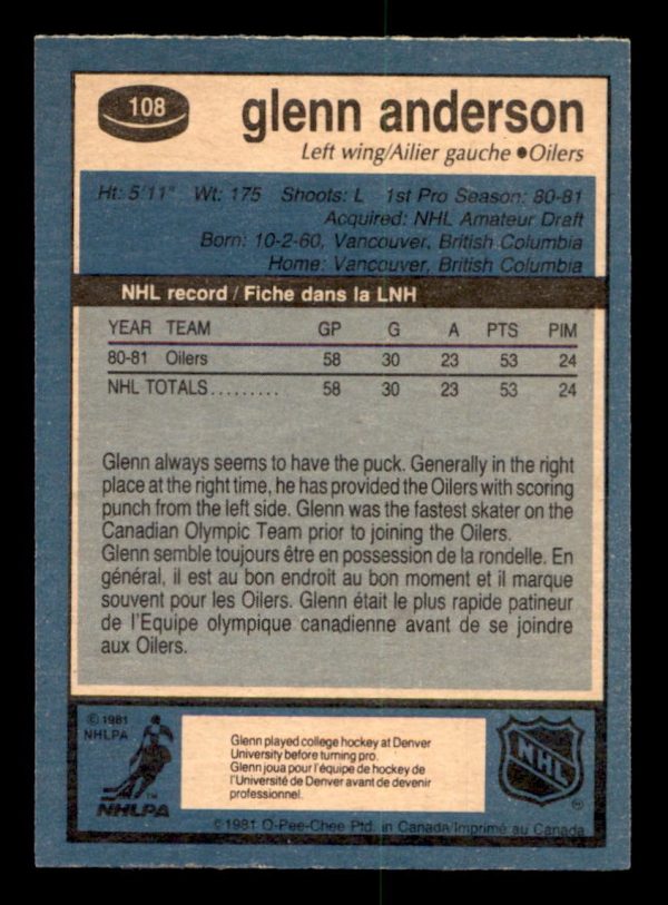 Glen Anderson Edmonton Oilers OPC 1981-82 Card #108