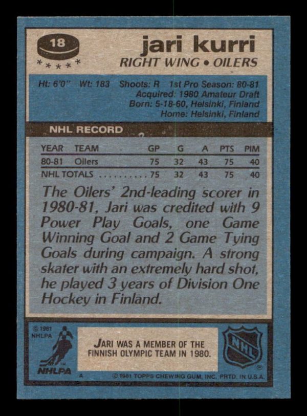Jari Kurri Edmonton Oilers Topps 1981-82 Card #18