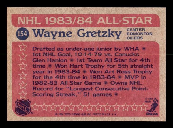 Wayne Gretzky Oilers Topps 1984-85 All Star Card#154