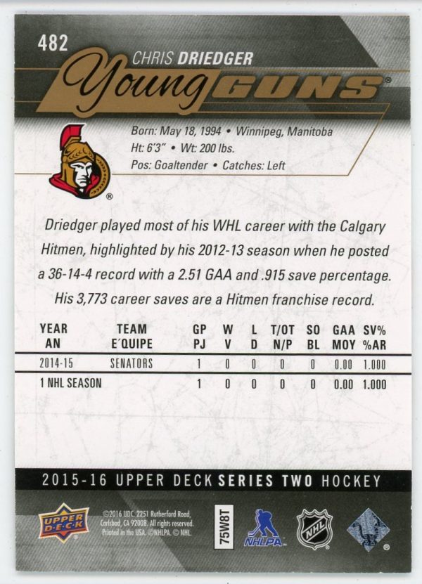 Chris Driedger 2015-16 UD Young Guns Exclusives 036/100 #482