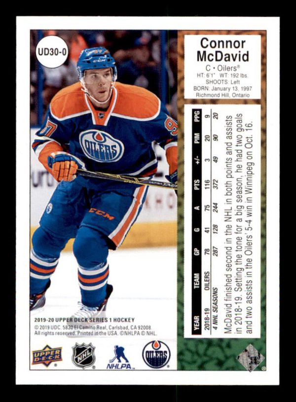 Connor McDavid Oilers UD 2019-20 Rookie Card#UD30