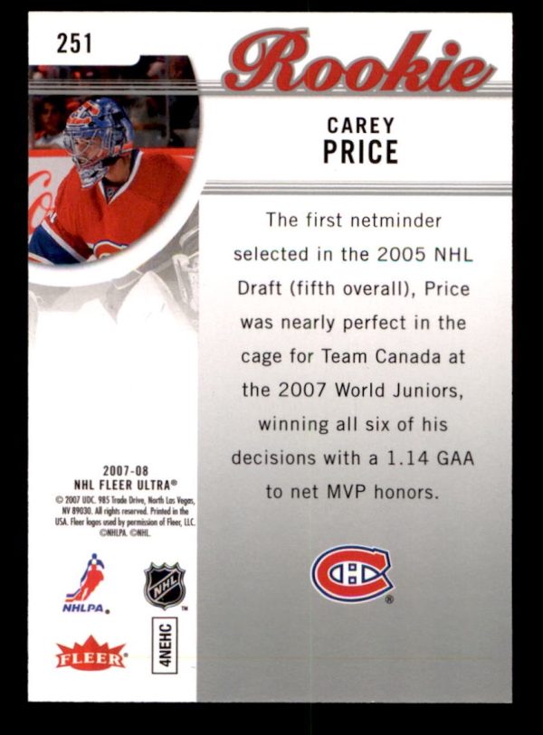 Carey Price Canadiens UD 2007-08 Rookie Card#251
