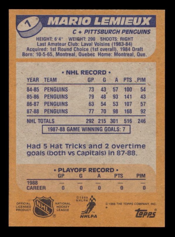 Mario Lemieux Penguins Topps 1988-89 Card#1