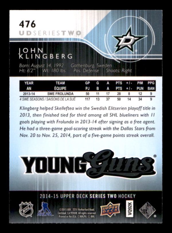 John Klingberg Stars UD 2014-15 Young Guns Card#476