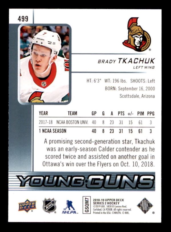Brady Tkachuk Senators 2018-19 UD Young Guns Card#499