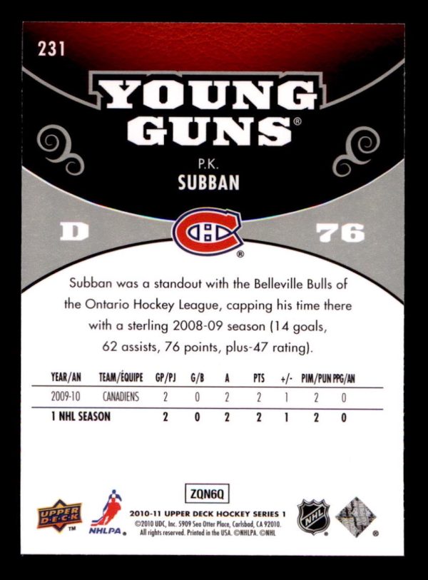 P.K. Subban Canadiens 2010-11 UD Young Guns Card#231