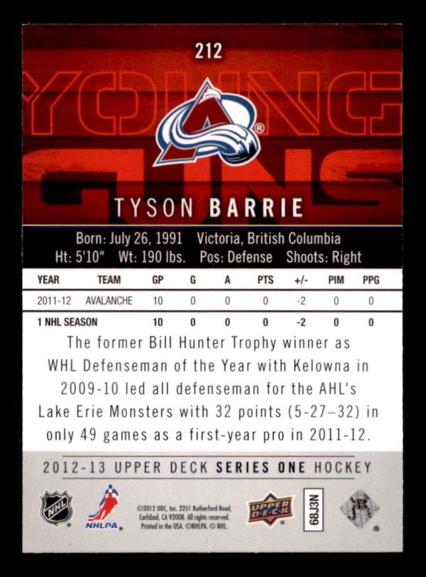 Tyson Barrie Avalanche 2012-13 UD Young Guns Card#212