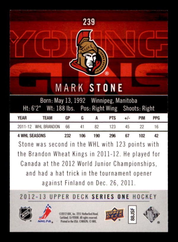 Mark Stone Senators 2012-13 UD Young Guns Card#239