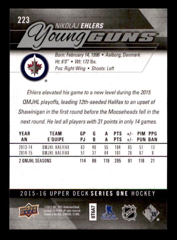 Nikolaj Ehlers Jets 2015-16 UD Young Guns Card#223
