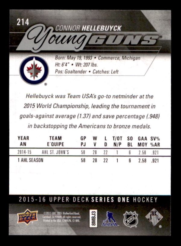 Connor Hellebuyck Jets 2015-16 UD Young Guns Card#214