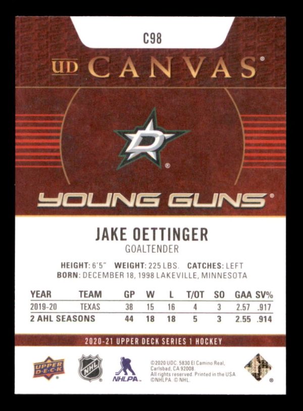 Jake Oettinger Stars 2020-21 UD Young Guns Canvas Card#C98