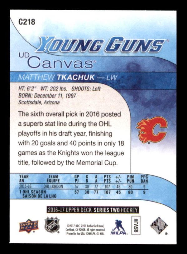 Matthew Tkachuk Flames UD Canvas 2016-17 Young Guns Card#C218