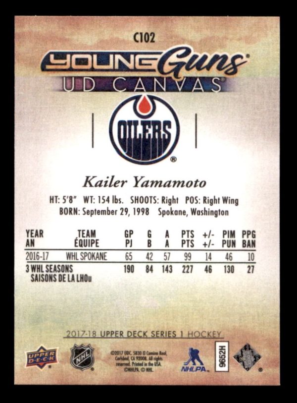 Kailer Yamamoto Oilers UD Canvas 2017-18 Young Guns Card#C102